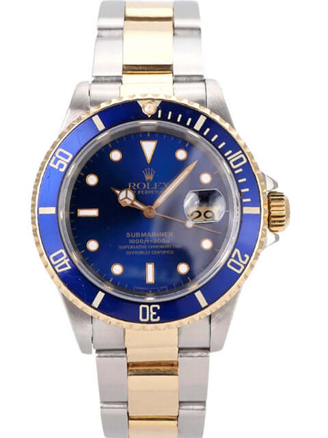 Rolex Submariner Date 16613 Edelstahl Gelbgold mit blauem Zifferblatt und drehbarer Lünette aus 18 Karat Gelbgold.