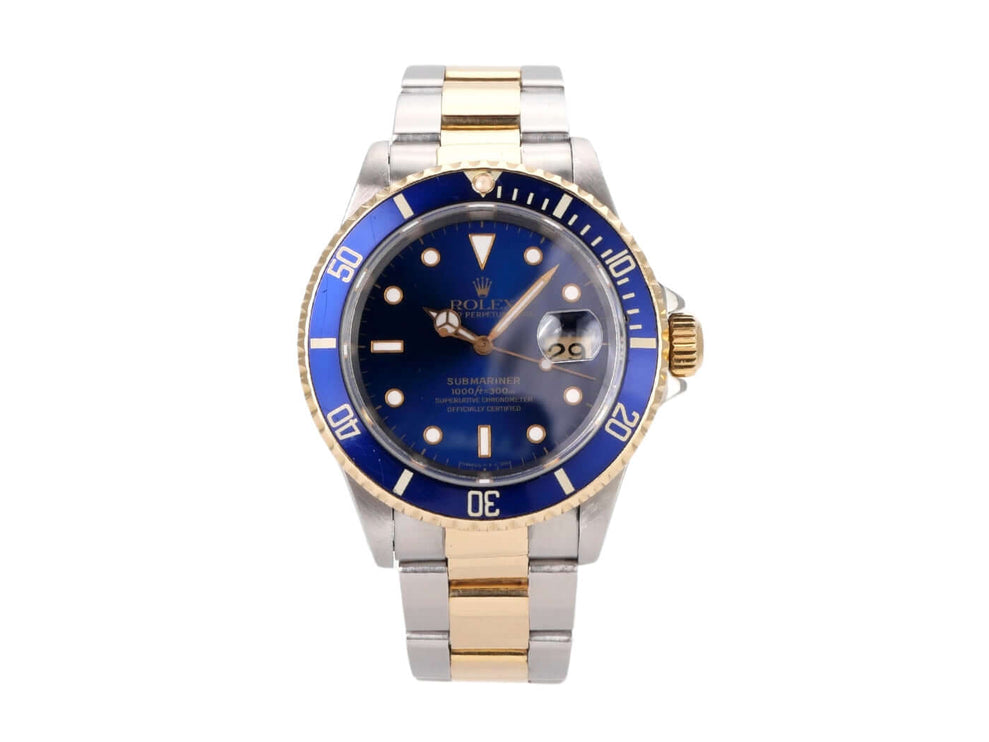 Rolex Submariner Date 16613 Edelstahl Gelbgold mit blauer Lünette und Zifferblatt, 40 mm Gehäuse, 1991 E-Serie.