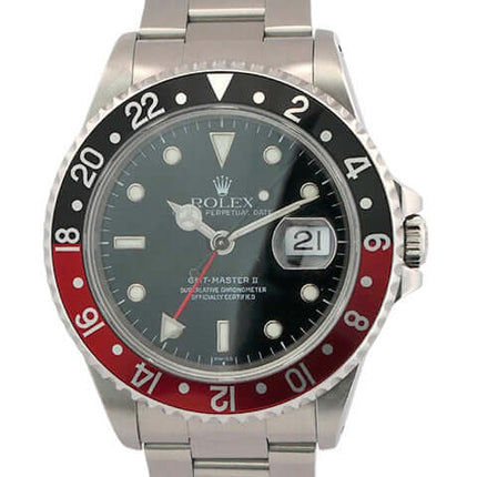 Rolex GMT-Master II 16710 Stahlgehäuse, schwarz-rotes Zifferblatt, Edelstahlband, Leuchtindizes und 24-Stunden-Skala, Automatikuhr 2000