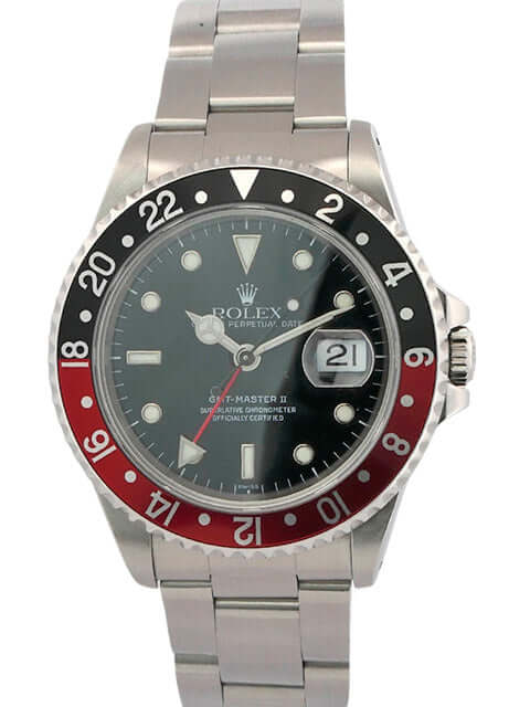 Rolex GMT-Master II 16710 Stahlgehäuse, schwarz-rotes Zifferblatt, Edelstahlband, Leuchtindizes und 24-Stunden-Skala, Automatikuhr 2000