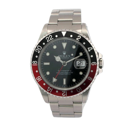 Rolex GMT-Master II 16710 aus Edelstahl mit schwarz/roter drehbarer Lünette, schwarzen Zifferblatt und Oyster Edelstahlarmband.