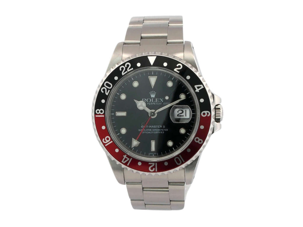 Rolex GMT-Master II 16710 aus Edelstahl mit schwarz/roter drehbarer Lünette, schwarzen Zifferblatt und Oyster Edelstahlarmband.