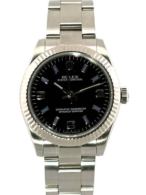 Rolex Oyster Perpetual 31 Ref. 177234 Schwarz, Edelstahlgehäuse, Weißgold Lünette, schwarzes Zifferblatt, silbernes Edelstahlband