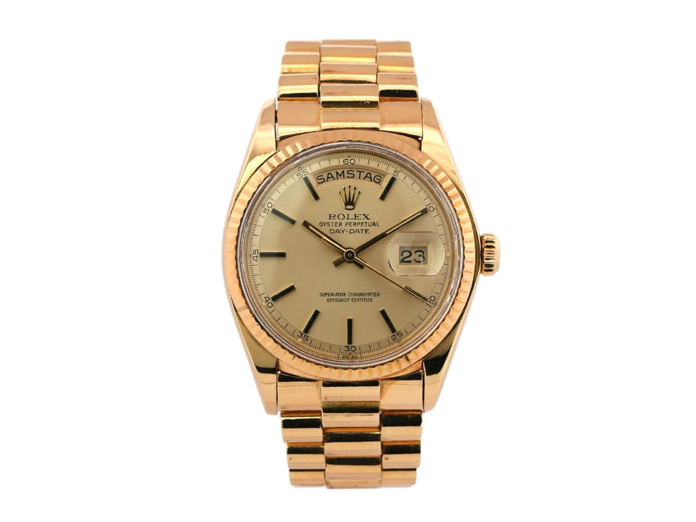 Rolex Day-Date 36 Gelbgold 1803 aus 1972 mit Präsident Armband, champagnerfarbenes Zifferblatt, Datums- und Wochentagsanzeige