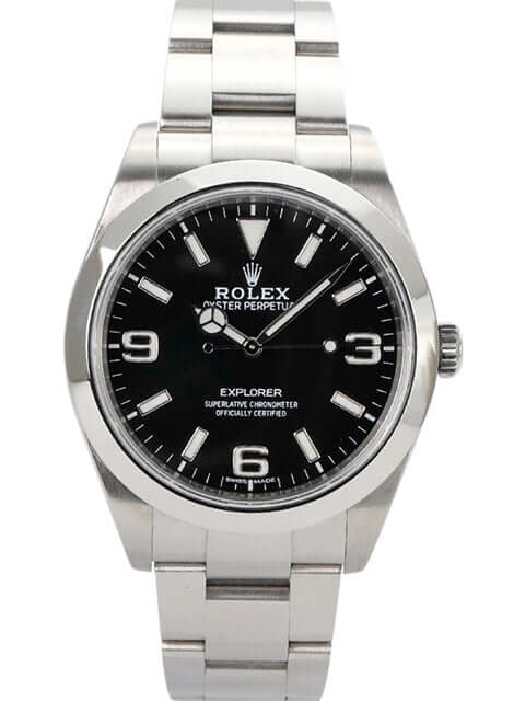 Rolex Explorer I Edelstahl 214270 mit schwarzem Zifferblatt und poliertem Edelstahlband. Automatikwerk, 39 mm Durchmesser.