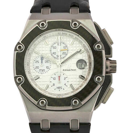 Audemars Piguet Royal Oak Offshore Montoya 26030IO.OO.D001IN.01 Titan 42mm Armband-Uhr mit schwarzem Lederband und silberfarbenem Zifferblatt