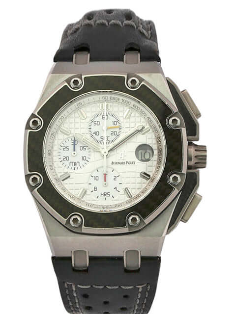 Audemars Piguet Royal Oak Offshore Montoya 26030IO.OO.D001IN.01 Titan 42mm Armband-Uhr mit schwarzem Lederband und silberfarbenem Zifferblatt