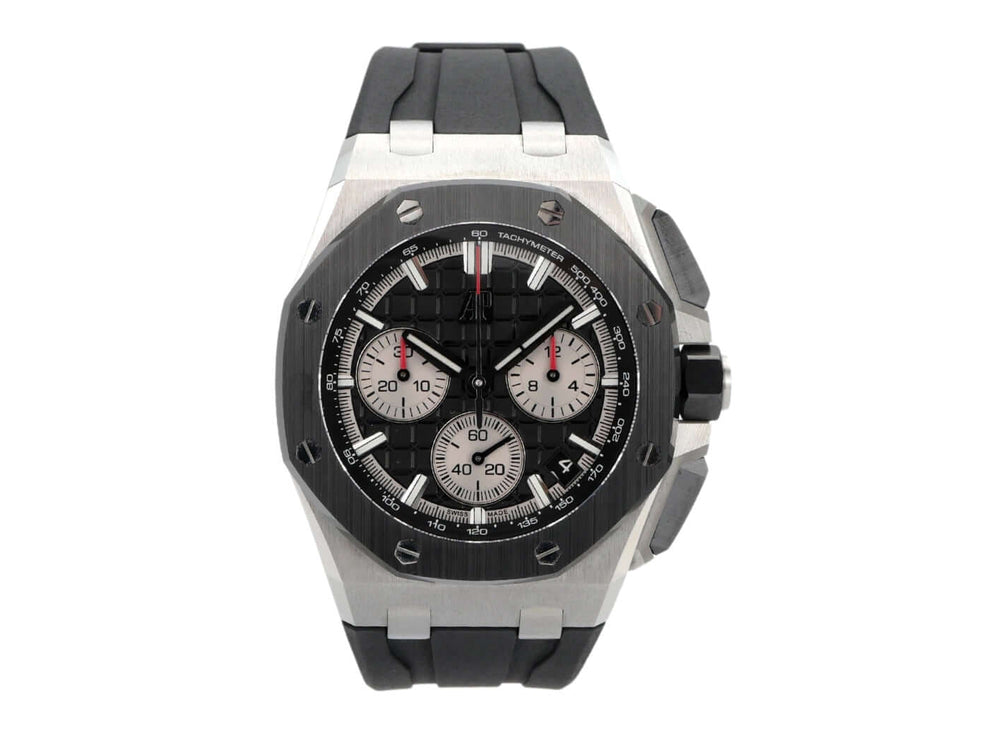 Audemars Piguet Royal Oak Offshore Chronograph 26420SO mit schwarzem Zifferblatt und Edelstahl-Gehäuse.