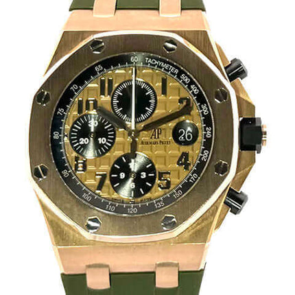 Audemars Piguet Royal Oak Offshore Rotgold 26470OR.OO.A002CR.01 Uhr mit rosegoldfarbenem Zifferblatt, Tachymeter Skala und grünem Kautschukband