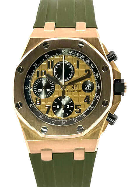 Audemars Piguet Royal Oak Offshore Rotgold 26470OR.OO.A002CR.01 Uhr mit rosegoldfarbenem Zifferblatt, Tachymeter Skala und grünem Kautschukband