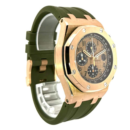 Audemars Piguet Royal Oak Offshore Rotgold 26470OR.OO.A002CR.01 mit grünem Kautschukband und rosegoldfarbenem Zifferblatt