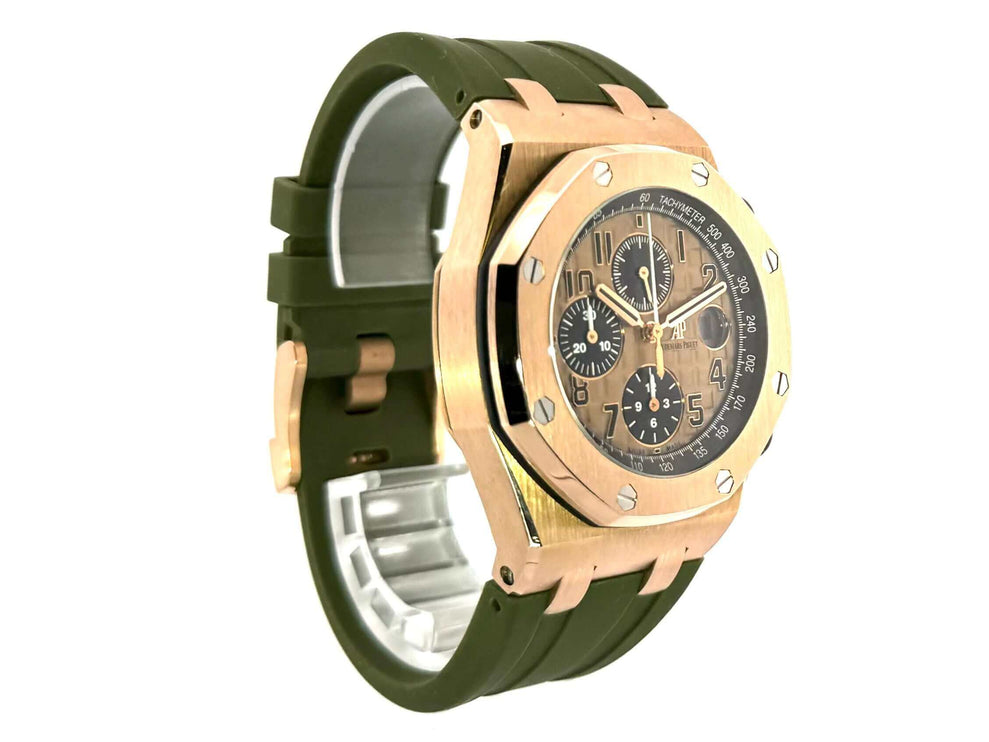 Audemars Piguet Royal Oak Offshore Rotgold 26470OR.OO.A002CR.01 mit grünem Kautschukband und rosegoldfarbenem Zifferblatt