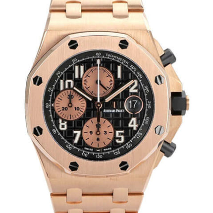 Audemars Piguet Royal Oak Offshore 26470OR.OO.1000OR.03, rotgoldene Sportuhr mit schwarzem Zifferblatt und Chronograph.