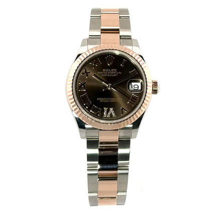 Rolex Datejust 31 Oystersteel Everose-Gold Ref. 278271 Choco R Diamant Damenuhr mit braunem Zifferblatt, römischen Ziffern und Diamanten in der römischen VI.