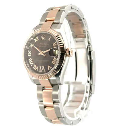 Rolex Datejust 31 Oystersteel Everose-Gold 278271 mit braunem Zifferblatt, poliertem Edelstahlgehäuse und Armband, römische Ziffern.