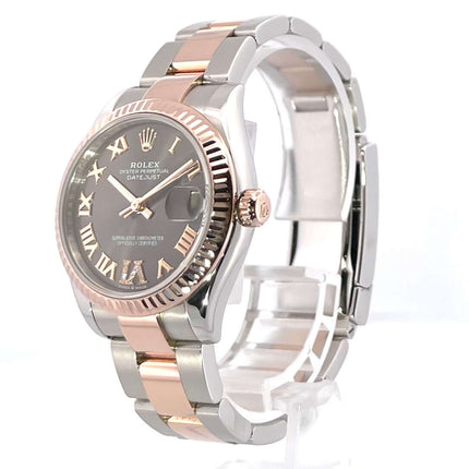 Rolex Datejust 31 Oystersteel Everose-Gold 278271, Edelstahlgehäuse, schiefergraues Zifferblatt mit römischen Ziffern und Diamanten, 2021.