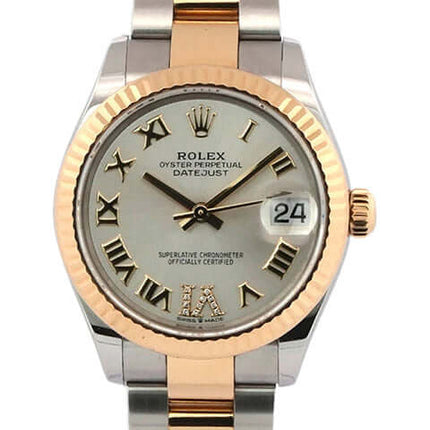 Rolex Datejust 31 Ref. 278273 Edelstahl Gelbgold, silbernes Zifferblatt, römische Ziffern, Diamant VI, Oyster Armband