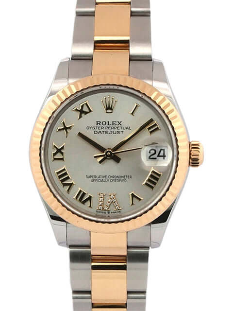 Rolex Datejust 31 Ref. 278273 Edelstahl Gelbgold, silbernes Zifferblatt, römische Ziffern, Diamant VI, Oyster Armband