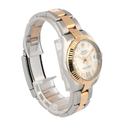 Rolex Datejust 31 Oystersteel Gelbgold Ref. 278273, silberfarbenes Zifferblatt mit römischen Ziffern und Diamanten, Oyster Armband