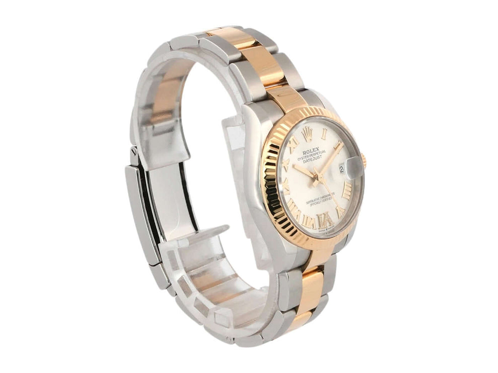 Rolex Datejust 31 Oystersteel Gelbgold Ref. 278273, silberfarbenes Zifferblatt mit römischen Ziffern und Diamanten, Oyster Armband