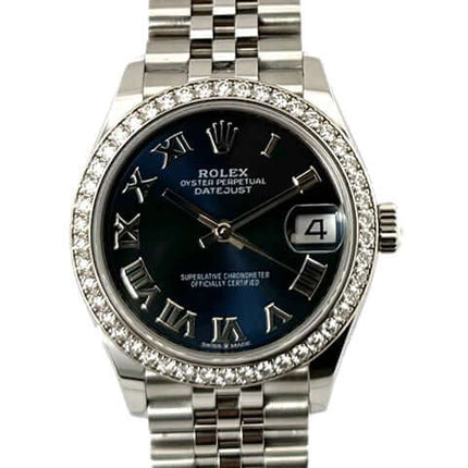 Rolex Datejust 31 Ref. 278384RBR Blau, Edelstahlgehäuse, Weißgold Lünette mit Diamanten, Jubilé-Armband, blaues Zifferblatt mit römischen Ziffern