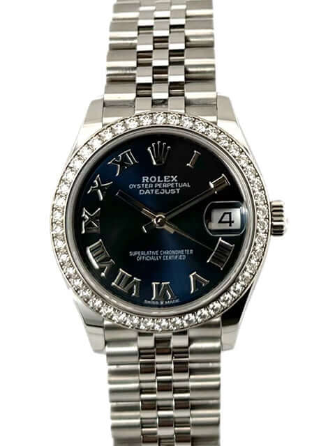 Rolex Datejust 31 Ref. 278384RBR Blau, Edelstahlgehäuse, Weißgold Lünette mit Diamanten, Jubilé-Armband, blaues Zifferblatt mit römischen Ziffern