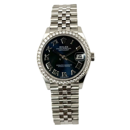 Rolex Datejust 31 Ref. 278384RBR mit blauem Zifferblatt, römischen Ziffern, Edelstahlgehäuse und Jubile-Armband, Diamantlünette