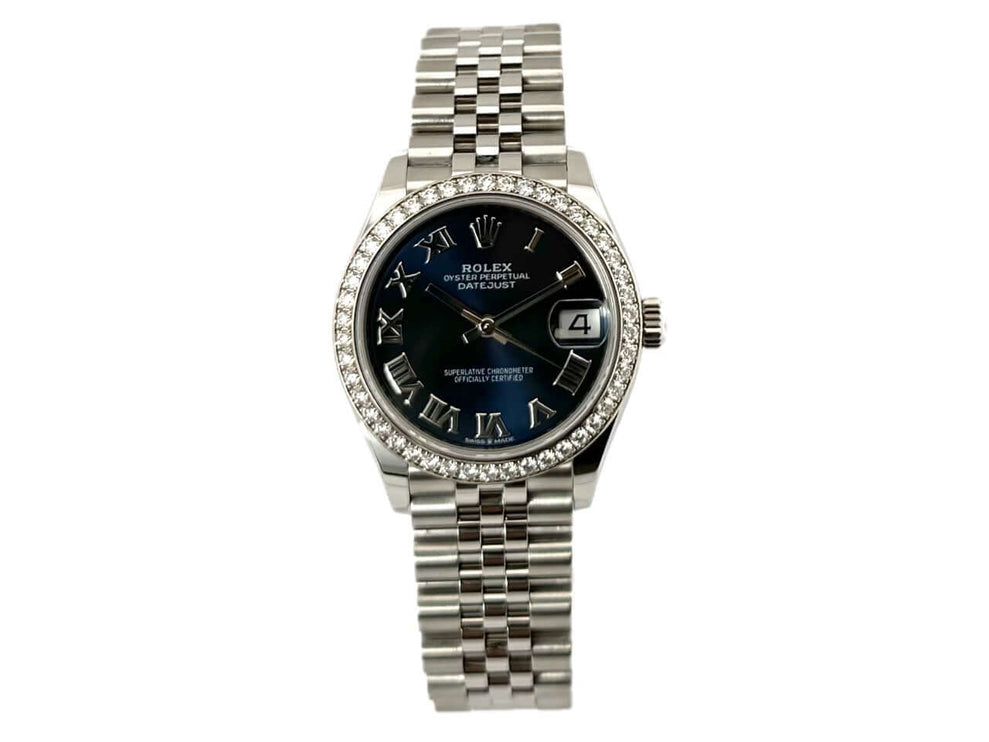 Rolex Datejust 31 Ref. 278384RBR mit blauem Zifferblatt, römischen Ziffern, Edelstahlgehäuse und Jubile-Armband, Diamantlünette