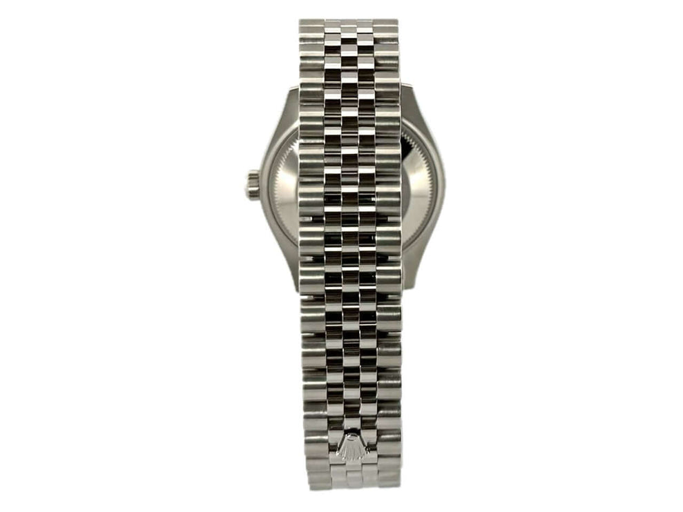 Rückansicht der Rolex Datejust 31 Ref. 278384RBR mit poliertem und satiniertem Edelstahl Jubile-Armband und Faltschließe