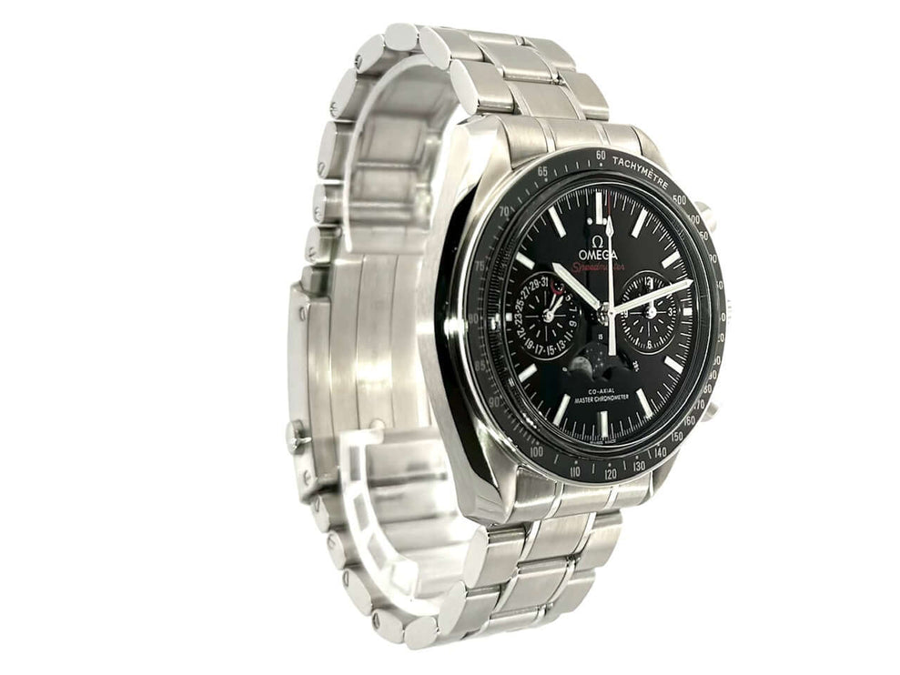 Omega Speedmaster Moonwatch Mondphase Chronometer 304.30.44.52.01.001 aus Edelstahl mit schwarzem Zifferblatt und Edelstahlarmband