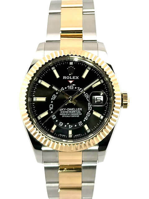 Rolex Sky-Dweller Edelstahl Gelbgold 326933 Schwarz, schwarzes Zifferblatt, Oyster-Armband, 2021 Modell, 42 mm Gehäusedurchmesser.