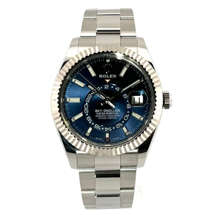 Rolex Sky-Dweller Edelstahl Weißgold 326934 Blau, poliertes Edelstahlgehäuse, drehbare Weißgold-Lünette, blaues Zifferblatt, 2022 Modell.