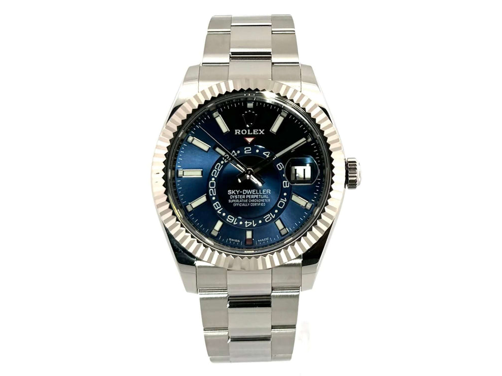 Rolex Sky-Dweller Edelstahl Weißgold 326934 Blau, poliertes Edelstahlgehäuse, drehbare Weißgold-Lünette, blaues Zifferblatt, 2022 Modell.