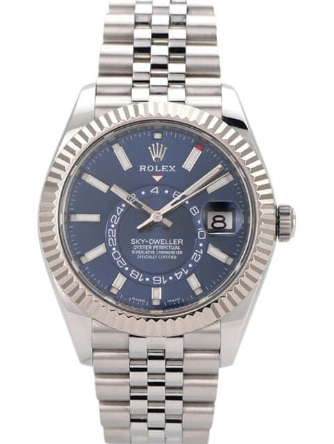 Rolex Sky-Dweller 326934 Edelstahluhr mit blauem Zifferblatt und Jubile-Armband aus Edelstahl.