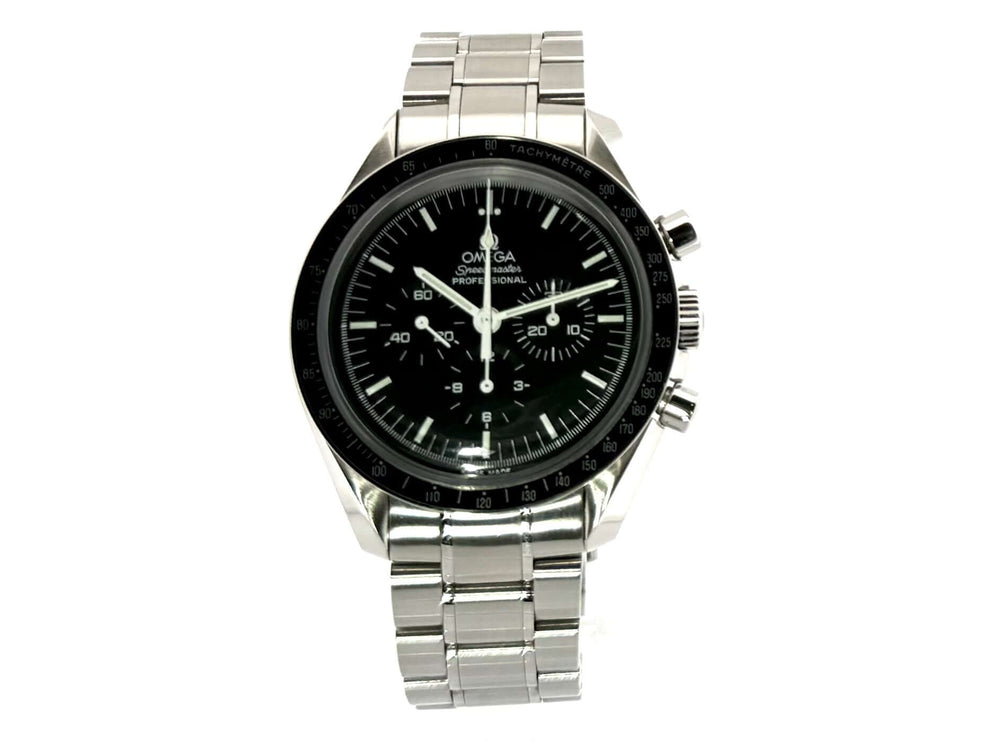 Omega Speedmaster Professional Moonwatch 3570.50.00 mit poliertem Edelstahlgehäuse und Armband, schwarzes Zifferblatt und Tachymeterskala.