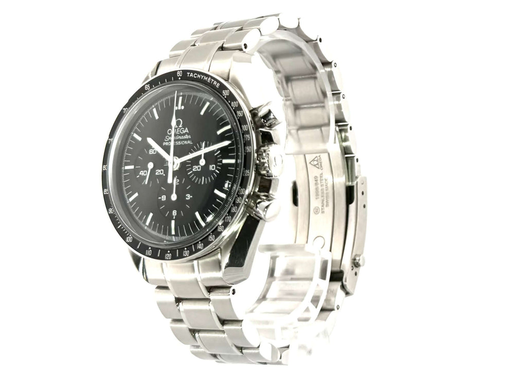 Omega Speedmaster Professional Moonwatch 3570.50.00 mit poliertem und satiniertem Edelstahlgehäuse, schwarzem Zifferblatt und Edelstahlarmband