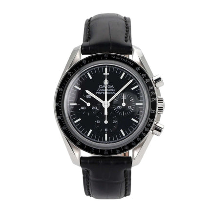 Omega Speedmaster Moonwatch 3873.50.31, 42 mm Edelstahlgehäuse, schwarzes Zifferblatt, Lederarmband.