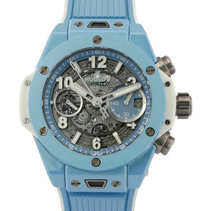 Hublot Big Bang Unico 42 Sky Blue Ceramic Chronograph Uhr mit blauem Kautschukband und transparentem Zifferblatt