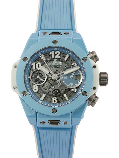 Hublot Big Bang Unico 42 Sky Blue Ceramic Chronograph Uhr mit blauem Kautschukband und transparentem Zifferblatt