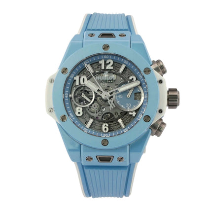 Hublot Big Bang Unico 42 Sky Blue Ceramic Uhr mit blauem Kautschukband und transparentem Zifferblatt, Modell 441.EX.5120.RX