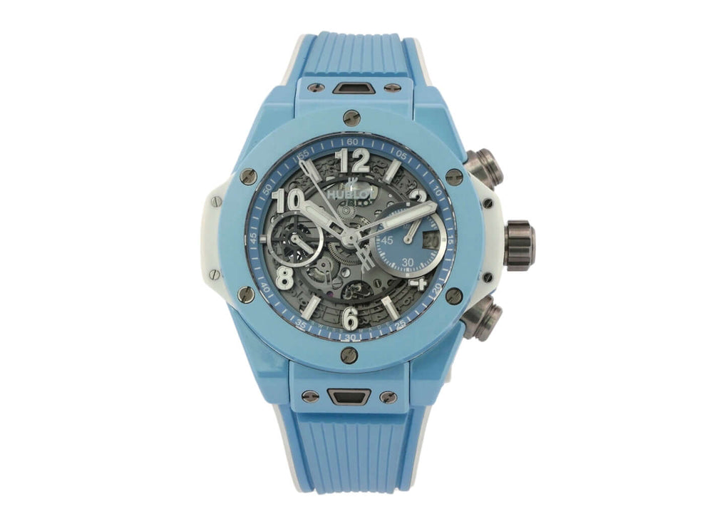 Hublot Big Bang Unico 42 Sky Blue Ceramic Uhr mit blauem Kautschukband und transparentem Zifferblatt, Modell 441.EX.5120.RX