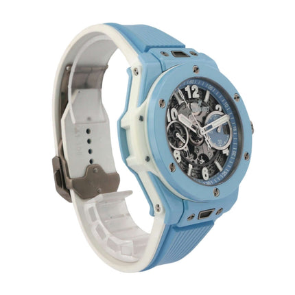 Hublot Big Bang Unico 42 Sky Blue Ceramic Uhr mit blauem Kautschukband und transparentem Zifferblatt