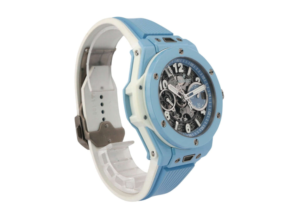 Hublot Big Bang Unico 42 Sky Blue Ceramic Uhr mit blauem Kautschukband und transparentem Zifferblatt