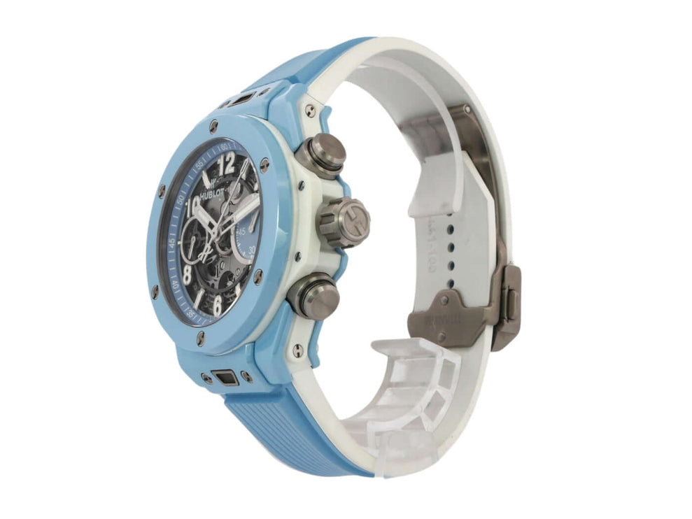 Hublot Big Bang Unico 42 Sky Blue Ceramic Armbanduhr mit blauem Kautschukband, transparentem Zifferblatt und Chronographenfunktionen