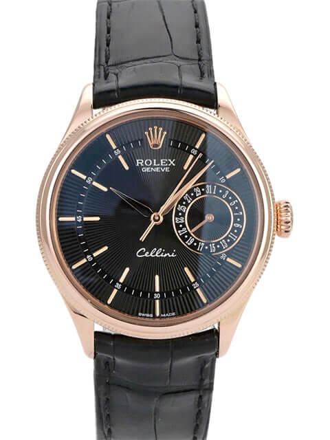 Rolex Cellini Date Ref. 50515 mit schwarzem Zifferblatt und 18 kt Everose-Gold-Gehäuse auf schwarzem Lederarmband.