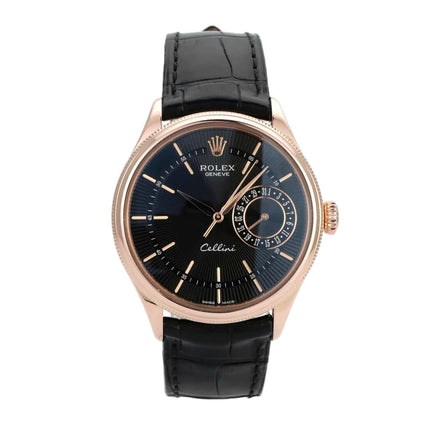 Rolex Cellini Date 50515 aus Everose-Gold mit schwarzem Zifferblatt und Lederarmband, Referenz 50515, Automatikwerk.