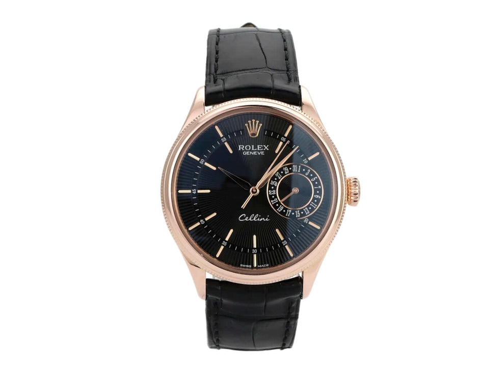 Rolex Cellini Date 50515 aus Everose-Gold mit schwarzem Zifferblatt und Lederarmband, Referenz 50515, Automatikwerk.