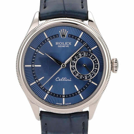 Rolex Cellini Date 50519 Blau, 18 kt Weißgold mit blauem Krokolederarmband und Zifferblatt, Automatikwerk.