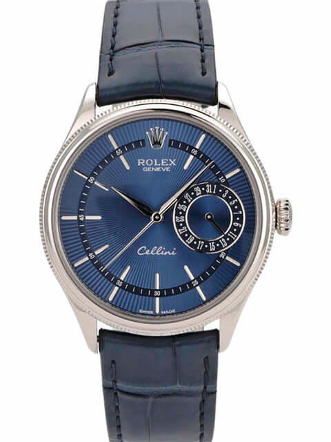 Rolex Cellini Date 50519 Blau, 18 kt Weißgold mit blauem Krokolederarmband und Zifferblatt, Automatikwerk.