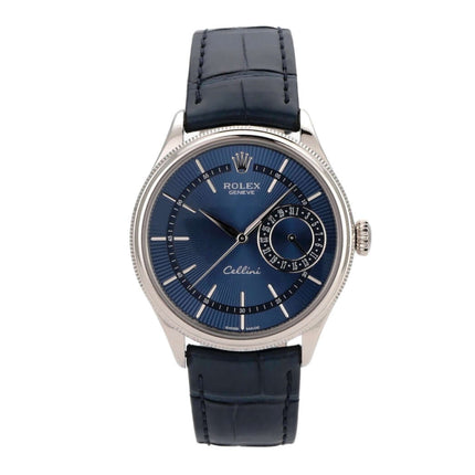 Rolex Cellini Date 50519 Blau, 39 mm, 18 kt Weißgold, blaues Zifferblatt, Krokoleder-Armband, Automatikwerk.